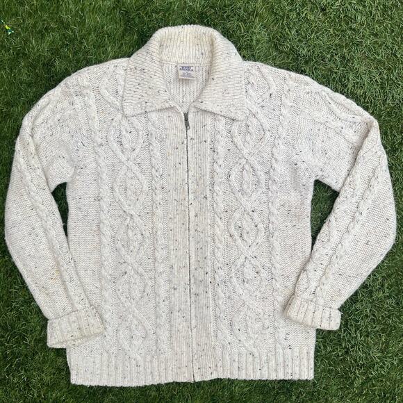 Vintage 90’s Wool Blend Fisherman Cable Knit Full Zip Collared Cottage Sweater M - Picture 1 of 11